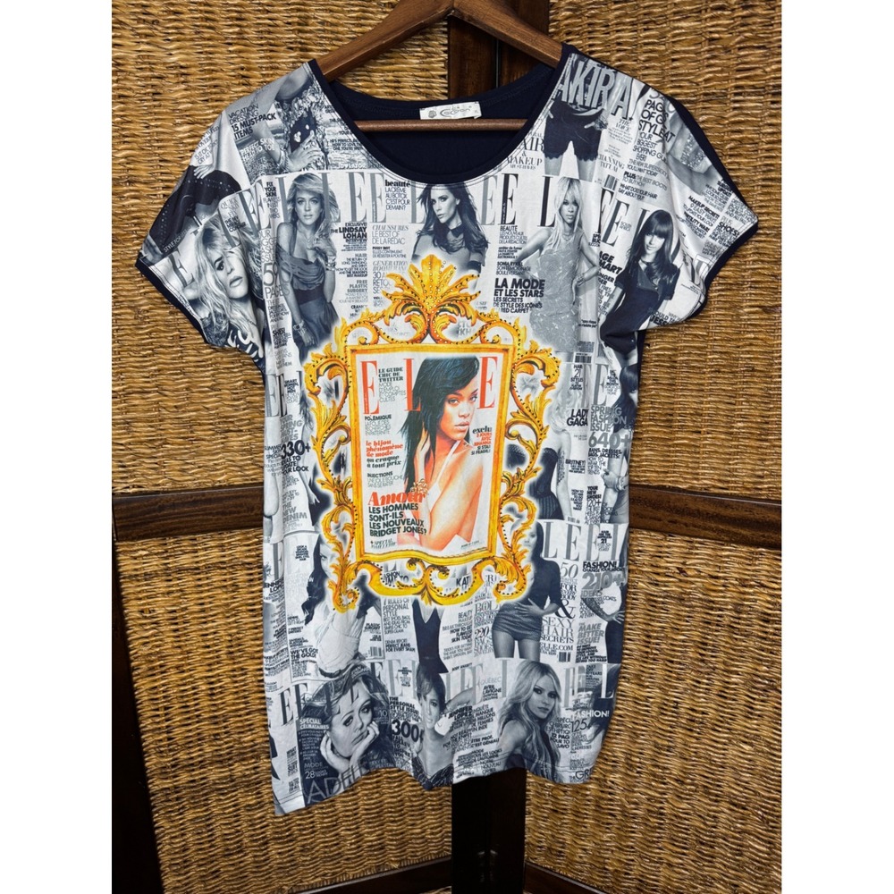 Elle Magazine AOP Rihanna Victoria Beckham Rhinestone Top Tunic XL